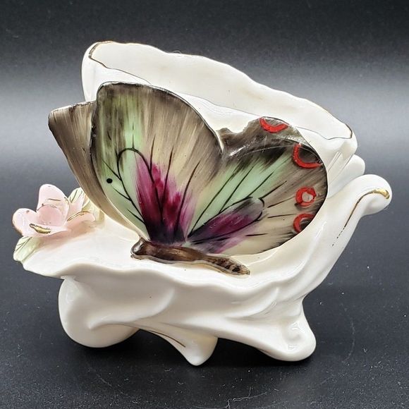 Ucagco Ceramics Japan Porcelain Wheelbarrow Butterfly Floral Motif Planter AS IS - Picture 1 of 14
